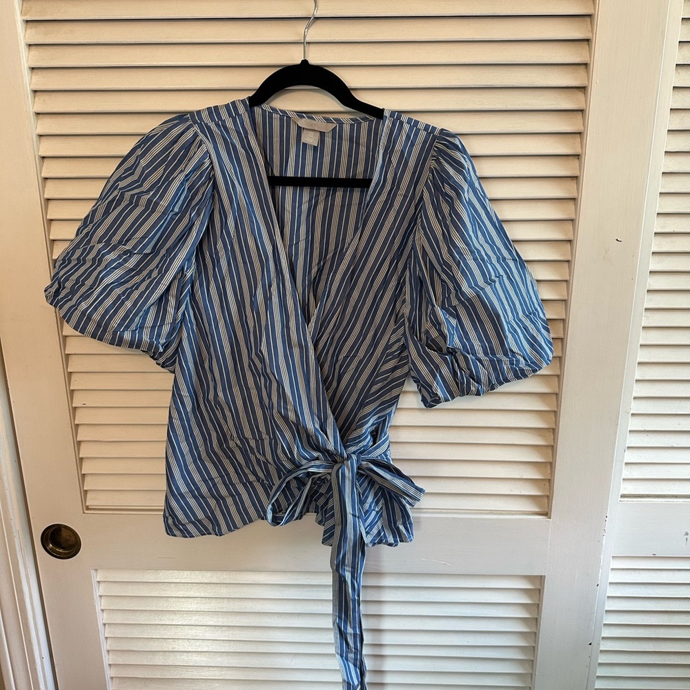 H&M Blue and White Striped Wrap Blouse